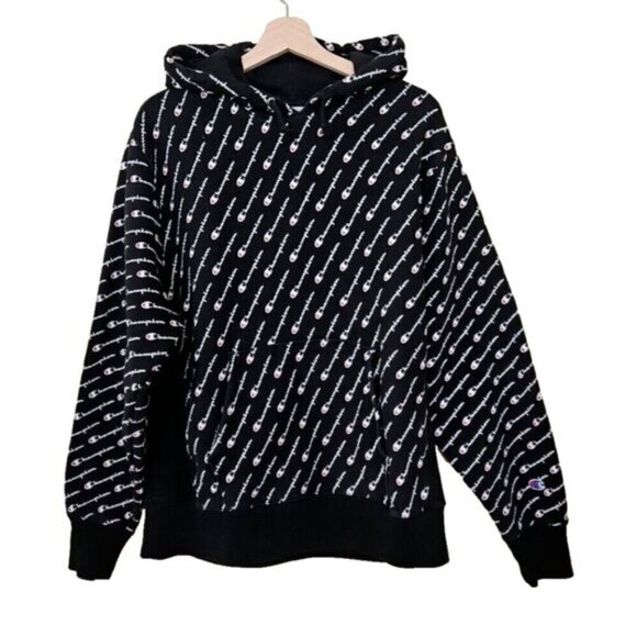 Champion Hoodie Mens L Black AOP Kanga Pocket LS Reverse Weave Y2K Streetwear - Picture 1 of 16